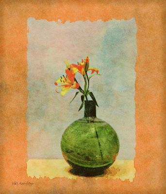 Orange Flowers With Green Vase, Fine Art Print